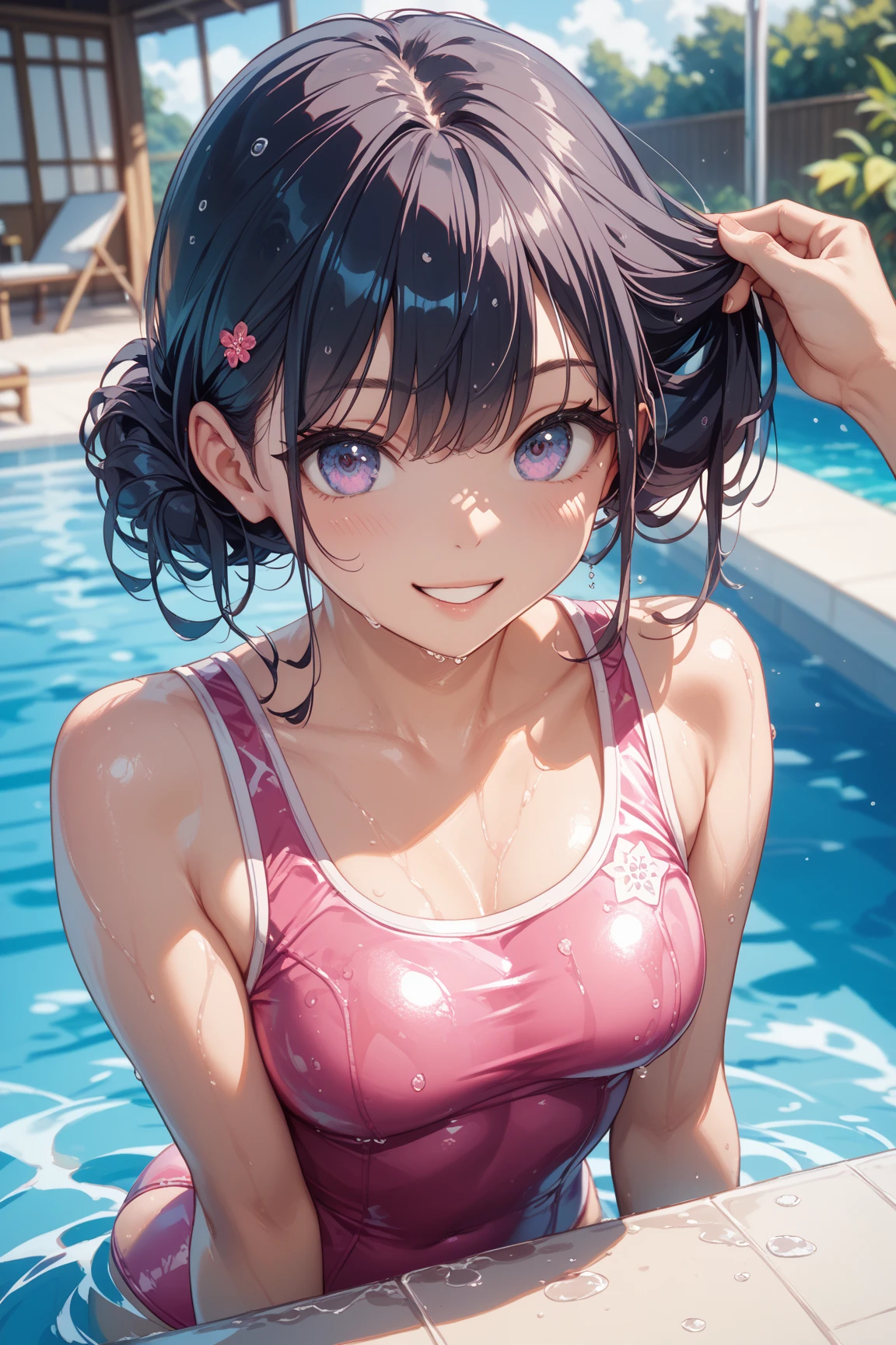 best picture quality, 8K, high quality, masterpiece:1.2), ((masterpiece)), (high detail, high quality, best picture quality), bokeh, DOF, Portrait, open stance, (cute illustration:1.2), (small size breast), inside poolside, sunny days, full body, sitting, beautiful light, (girls with various fancy hair color and hair style:1.3), (nude, ), cute face girl, sexy, smile, armpits, bun hairstyle, 