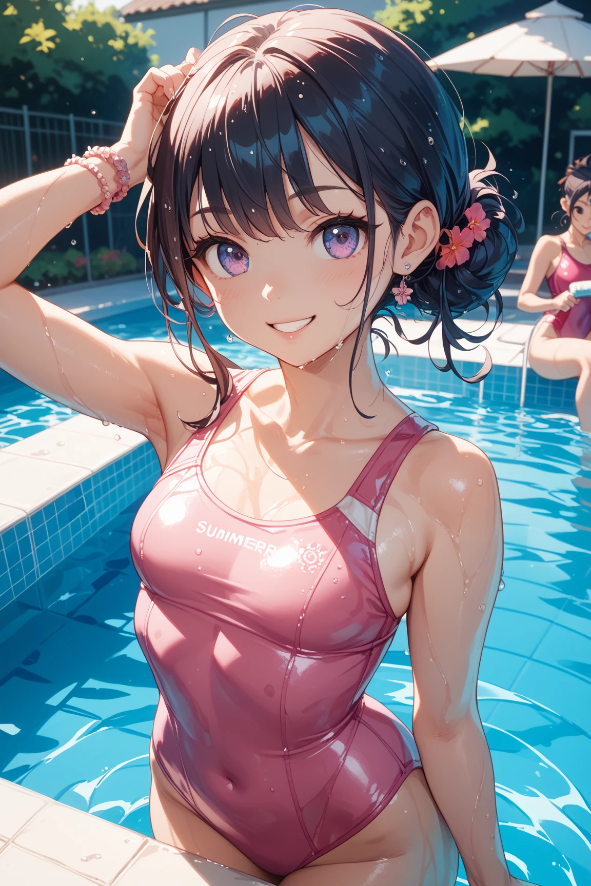 (awardwinning:1.3), (top-quality), (8K High Resolution), ((Ultra-detailliert)), ((1 girl in)), ((Anatomically correct)), good lighting, ((Full limbs)), ((complete fingers)), ((Slender 18 year old beautiful active girl)), ((High school student)), Extra very short hair, (Slender Brown eyes:1.5), ((Dark-haired:1.99)), ((Bright-cyan and pink competitive swimsuit:1.99)), ((Onepiece swimsuit:1.9), wet​, wetting hair, A smile, full body Esbian, Photo session, Bust 86, Waist 58, Hip 88, ((full of sweat)), (Put your hands behind your head, Show the armpits:1.28)
