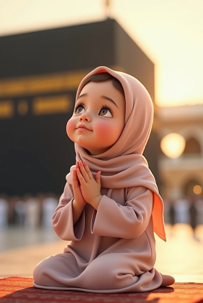 A portrait of young muslim hijabi girl in holy place with polite dress