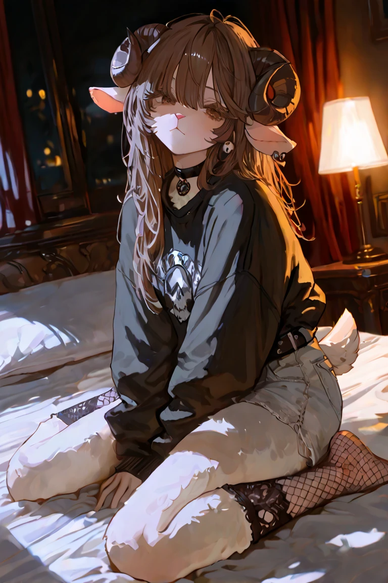 Solo, score_9,score_8_up,score_7_up, a young nerdy Anthro furry wolf woman, white furry body, tall, long black messy hair, white wolf tail, hair covering one eye, long bangs, long black hair, blue eyes, black glasses, small breasts, white wolf tail, , wearing only black , thigh high socks with  toes, 4 toes , bored expression, eyes half open, lying on a bed, lying on her stomach, feet up, holding a gameboy, looking at gameboy,