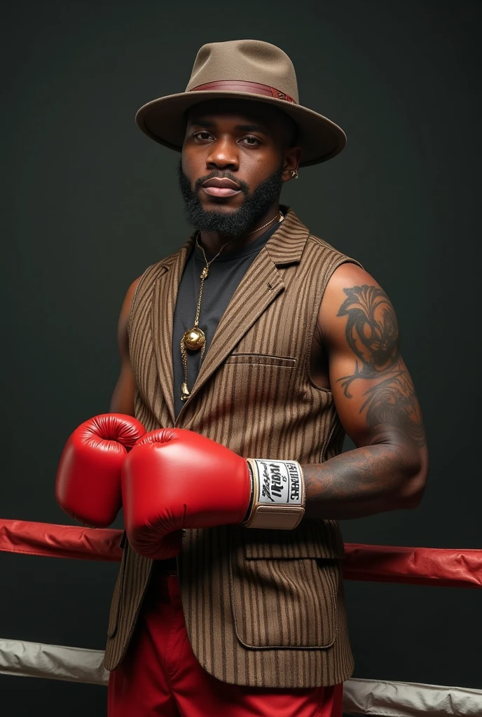 Tall African American man. Standing with hands up and fist clenched. His eyes are bright hazel. He has tattoos on his arms and writing on his chest. He has facial hair in his chin and above his lips. He is wearing muy thai boxing shorts and he has shorter afro hair 