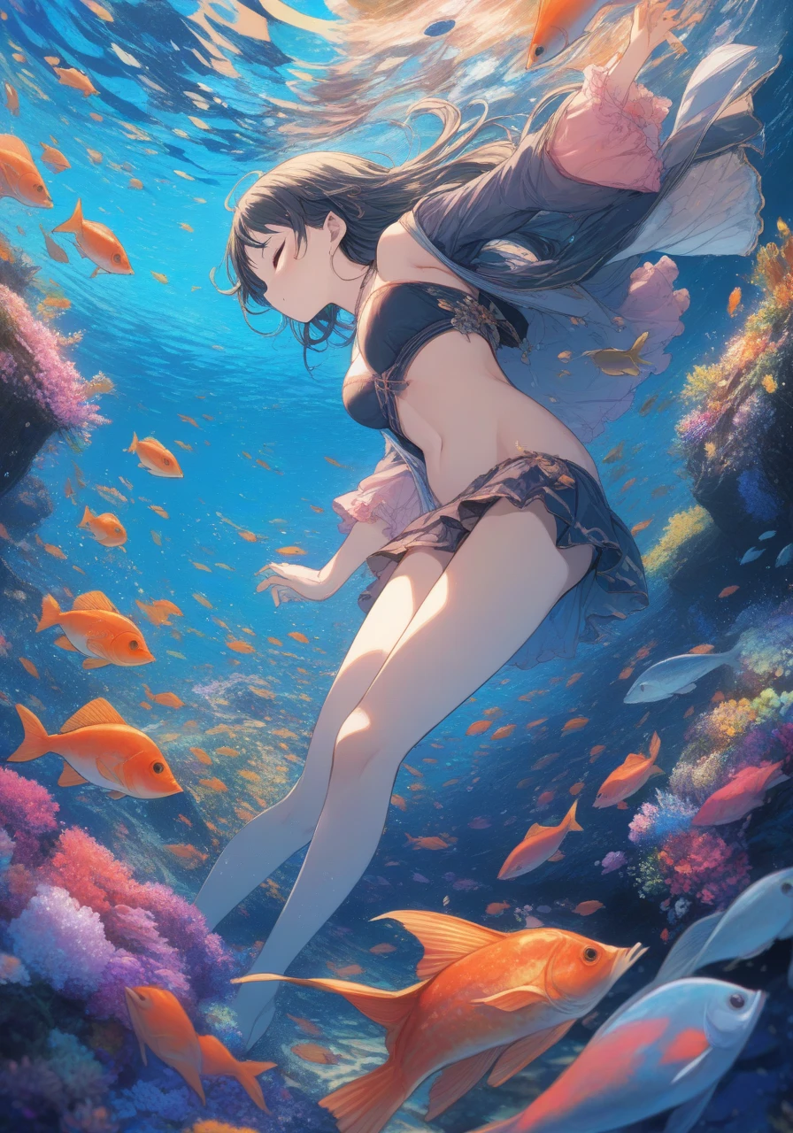 (Masterpiece), ((Best Quality)), (Super Detailed), (((Perfect Body)), 1 Girl, (Dark Blue Short Hair), Dark Blue Eyes, Medium Breasts, Ankle Bracelet, Barefoot, Bangs, Crying Face, Green Eyes, (NSFW See-Through Lingerie), (Seeing Through Nip), Perfect Hands, Perfect Feet, Pubic Hair, Earrings, Floating Hair, Underwater, Bubbles, Fish, Jellyfish, Fluorescence, Sea Turtle, Seaweed, Rich Detail, perfect image quality.