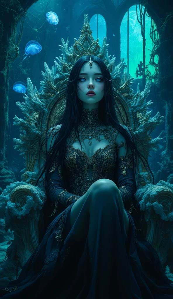 a zombie woman with black skin, with straight hair. She is a queen of the undead with an icy aura.. Your skin has an undead appearance, showing parts of the bones. She wears an elegant crown and is partially in a zombie state.. Her dress is an intricate silver armor. She is seated on a majestic throne made of bones..