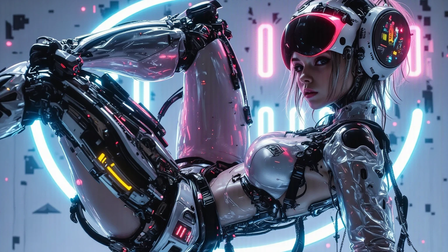 ((1 cybernetic girl in front of the camera)) (mechanical limbs:1.2),((mechanical blood vessels of the extremities, connected to a tubular mechanical vertebra, attached to the back),((mechanical cervial attaching to neck)),inexpressive,(wires and cables, attached to the neck:1.2),(wires and cables на голове:1.2),(Character Focus), ((cowboy shot)), (Masterpiece), (((Best quality))), ((ultra detailed)), (highly detailed computer illustration), ((Very gentle and beautiful)),cinematic ,Science fiction,extremely detailed,colorful,As detailed as possible, lungs,Catches, cyberpunk city background.