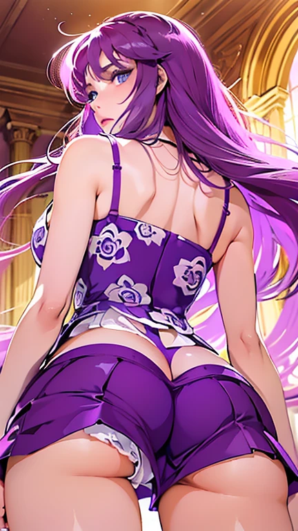 1girl, (angry), purple hair, ((hourglass figure)), black tights, (from below), looking at viewer, ((thick thighs)), ((pussy)), ((lingerie)), ((black lingerie)), ((from behind)), hot ass, ((close up))