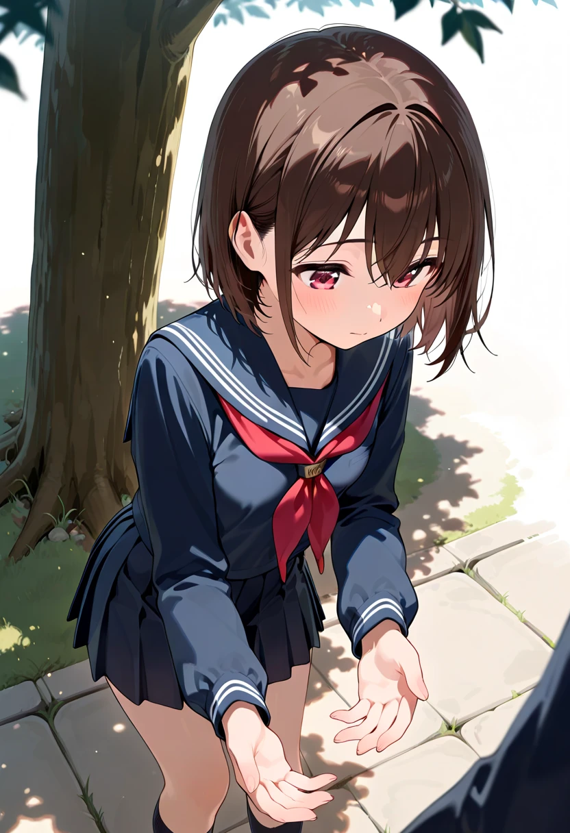 {best quality}. {very aesthetic}. {ultra-detailed}, {best illustration}, nsfw、((half open eyes)),cum overflow、fellatio、big dick、head grab、blush,angry、serafuku, pleated skirt, sailor collar, white shirt、Big penis、Small breasts、Confused eyes、angry、angryった顔、Glare、Baby Face、Semen、shame、White skin、Focus on the face、Brown Hair、Brown eyes、Bob Hair、short hair、Public toilets