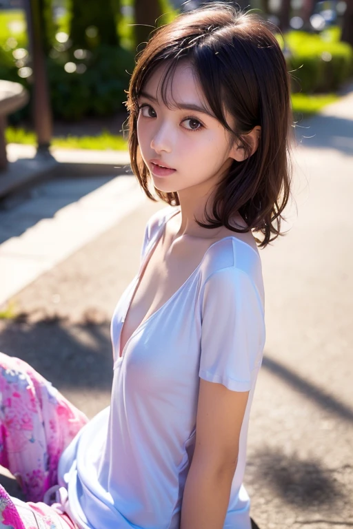 ((Best quality, 8k, Masterpiece: 1.3, raw photo)), Sharp focus: 1.2, (1 AESPA girl: 1.1), (realistic, photo-realistic:1.37), beautiful face girl, cute face, small breasts, flat chest, brunette short messy hair, sitting, white shirt, white panties, wet, city, rain, sunlight, cinematic lighting
