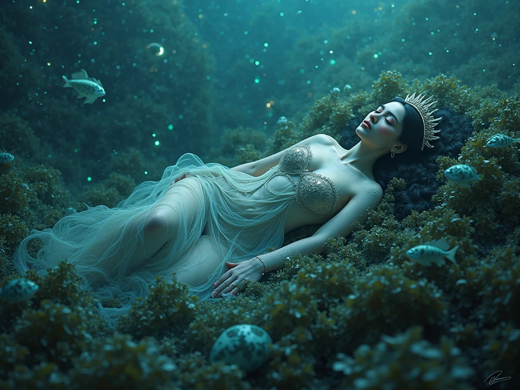 celestial sexy goddess underwater, in underwater seaweed garden, portrait, (dynamic pose), black long curly hair, wearing white robe, wearing golden hand glove, masterpiece, trends, 8k