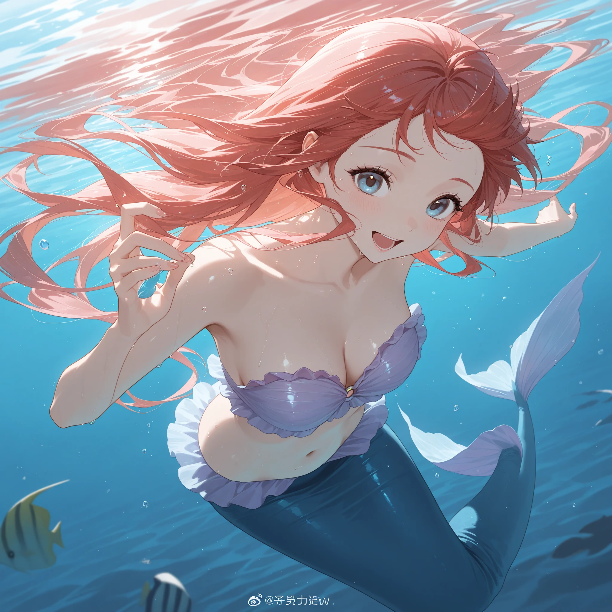 obra maestra, mejor calidad, Still film, mermaid ariel in the sea, primer plano, brillante, feliz, soft warm lighting, puesta de sol (chispas: 0,7)