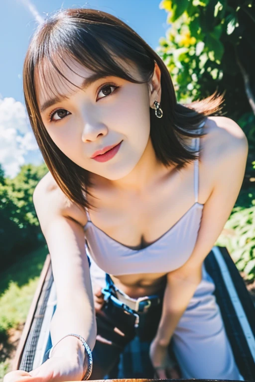 (top-quality、8K、32K、​masterpiece、nffsw:1.2)、Photo of a cute Japanese woman、Black short hair、beauitful face、(Slouched:1.3)、(a closeup:1.4)、Wearing a pink bra、Wearing pink panties、G-cup big breasts、(beautiful nipple slips:0.9)、Volleyball Court、the wind、shinny skin、blurry backround、