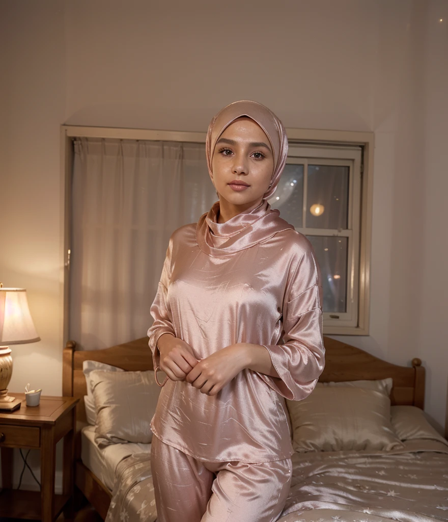 1girl in, wearing simple hijab,thin pajamas, see through, no make up, indonesian girl face, laying on the bed, night, using smartphone, wide hip, big thigh, 4k highest resolution, Masterpiece, photo shot, insane details, high quality, warm bedroom light