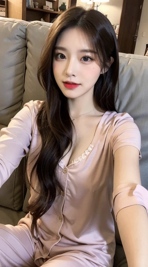((highest quality, 8K, masterpiece:1.3)), 1 girl, slim, (Hairstyle Long Hair, big:1.2), (Satin-pajamas:1.3), super slender face, delicate eyes, double eyelid, blush, smile,(bed room:1.2),((sweaty skin sweaty hair:1.3)),relaxing,(sitting),transparent clothes(pov:1.2)(school girl),soaking wet,(slightly nipples:1.1),((from_above)),((moody lighting)),(small breasts)