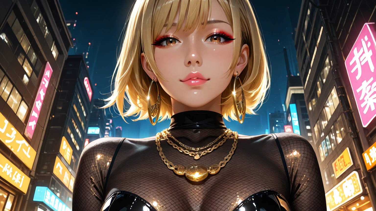 (((Perfect body,White and tender skin,(((BLACK KIMONO, CLEAVAGE, VAMBRACES,))),(((Samui, Blue eyes, blonde hair, short hair, bangs, blunt bangs,))),((masterpiece)),high resolution, ((Best quality at best)),masterpiece,quality,Best quality,((( Exquisite facial features,Looking at the audience,There is light in the eyes,Poker face))),))),(((Light and shadow,Huge breasts,))),(((Looking at the camera,black background,)))),