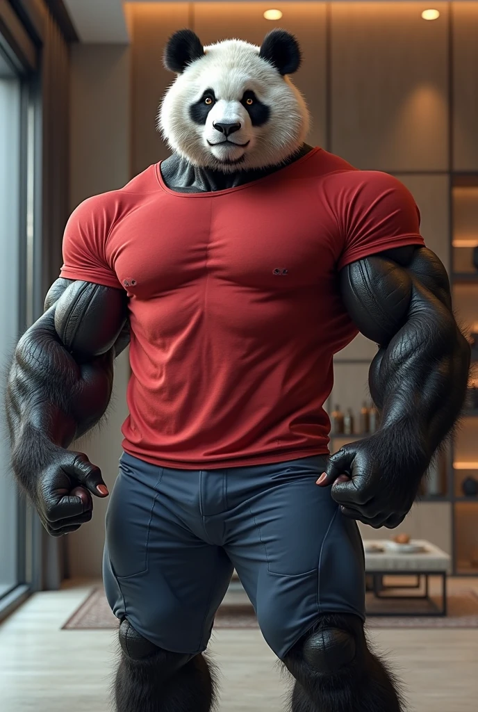 A shirtless man with a spotted panda head