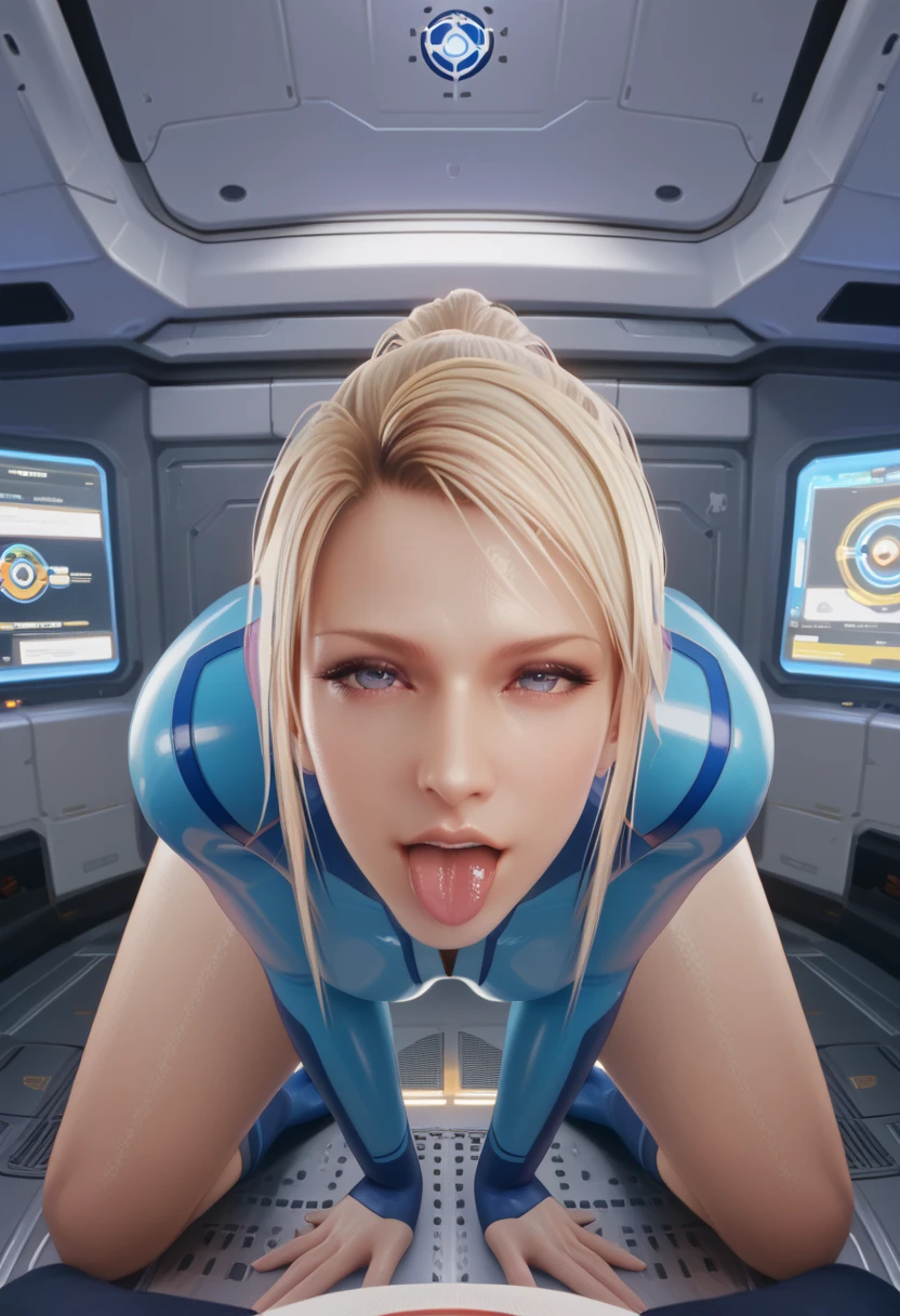 1girl, 1monster, Samus Aran, naked, full naked, large breasts, eyes blue (detailed:1.8), intense pleasure, realistic, curly hair, blondie, thin, source_anime, ponytail, cute, cell on space station, space station, pov, precum, massive horse penis, horse cock, twitching_penis, blush, boobjob, high heels, breasts exposed