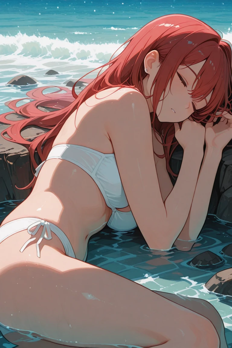 1 girl, small breasts, spread legs, pale skin, icy girl, red hair, curvy shapes, shows ass, anime girl lies in water, large amount of white viscous liquid, without clothes, open vagina, pours from anus, open anus, rectum is visible