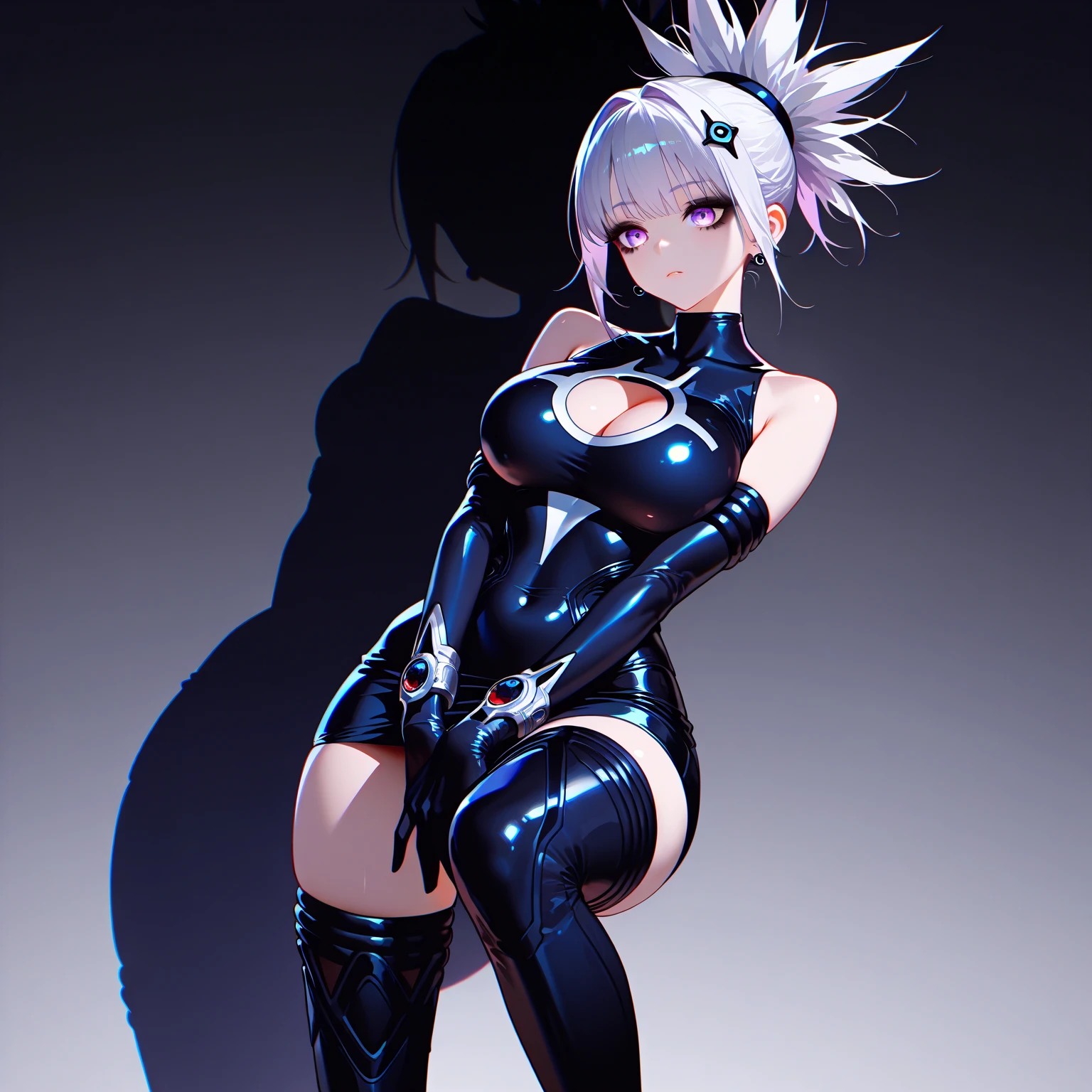 Sexy furry girl with long fishnet stockings, latex bunny suit, gothic, curvy hips thick thighs and big booty, nsfw 