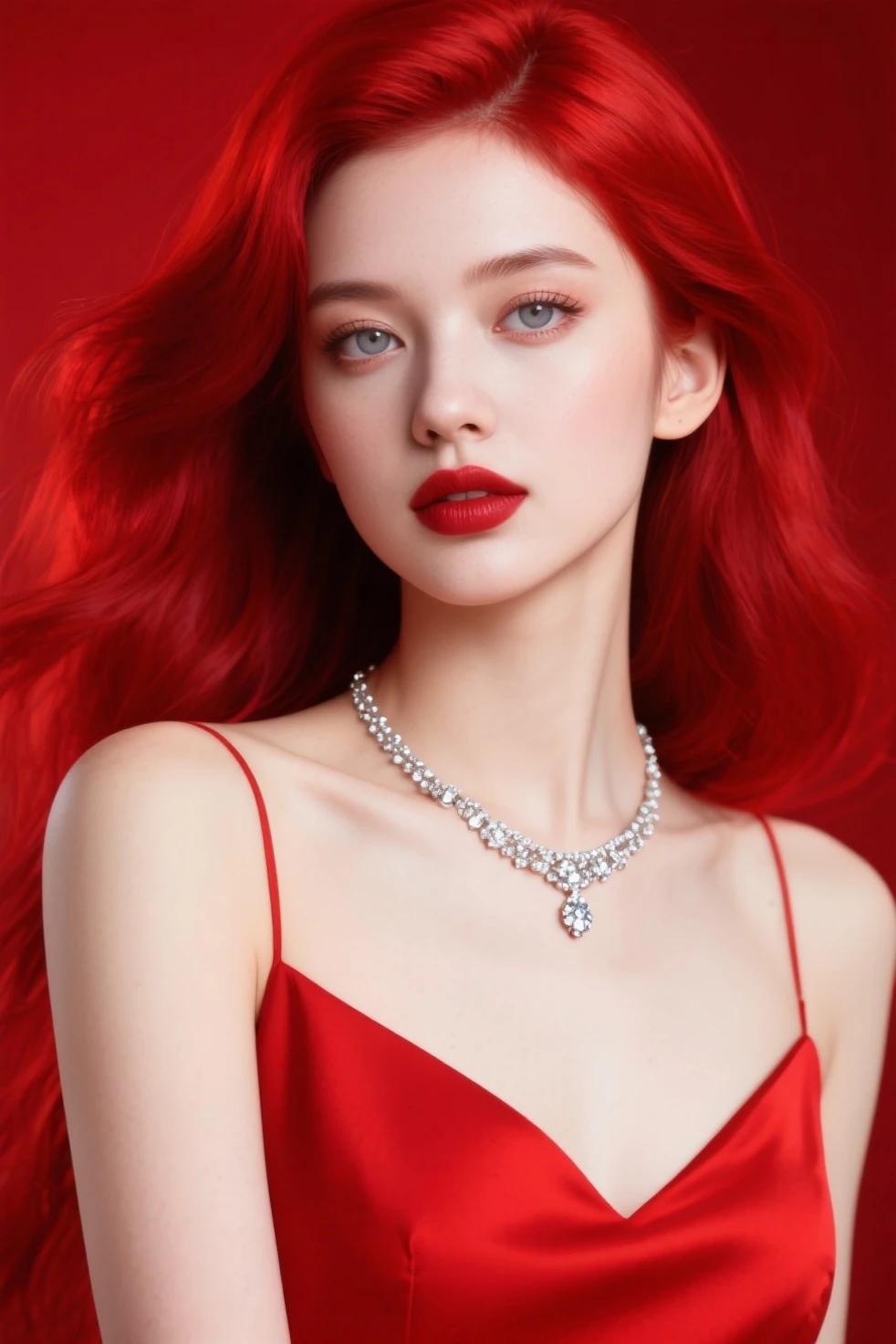 realistic 2 woman with red hair and blue eyes, Pretty white skin wearing red modern sexy attractive style dress, dress with transparent influencer fashion with attractive jewelry, non-conservative dress, attractive face. full body clothing model, from head to toe with scenery for a movie on orange page. plus eighteen. attract. thin face. dress without excess fabric.