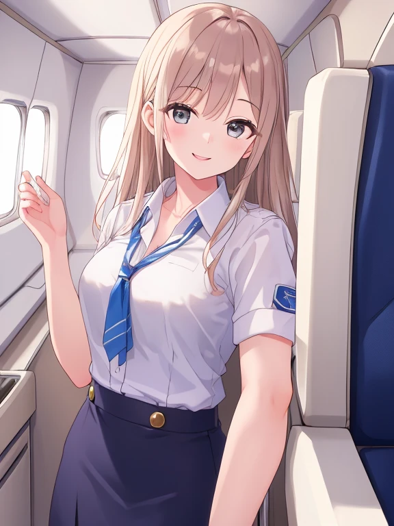 (top-quality、in 8K、32K、masterpiece、nffsw、超A high resolution、Impresionismo、Photorealsitic:1.2)、Full body, (On the plane:1.4)、realistic shadow、beauitful face、blurry backround、16-year-old beautiful girl、shinny skin, Beautiful golden hair、Wavy Hair、Medium Hair、blue eyess、Stewardess uniform、tight skirts、pantyhose、Black shoes、A smile、thighs thighs thighs thighs、announcement、headset on head