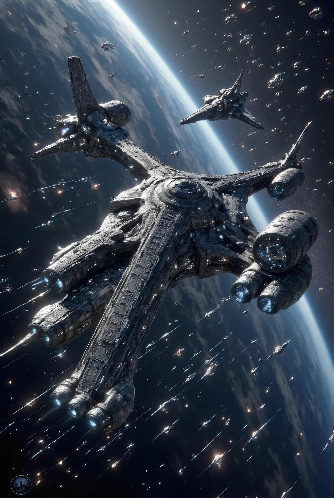 Un immense vaisseau spatial se dirige vers un vortex. Il est en forme de glaive .il a un anneau qui fait le tour de son glaive l'anneau est un immense espace de nature pour les habitants du vaisseau . l'anneau est relié au vaisseau par des passerelles permettant aux passagers de circuler 