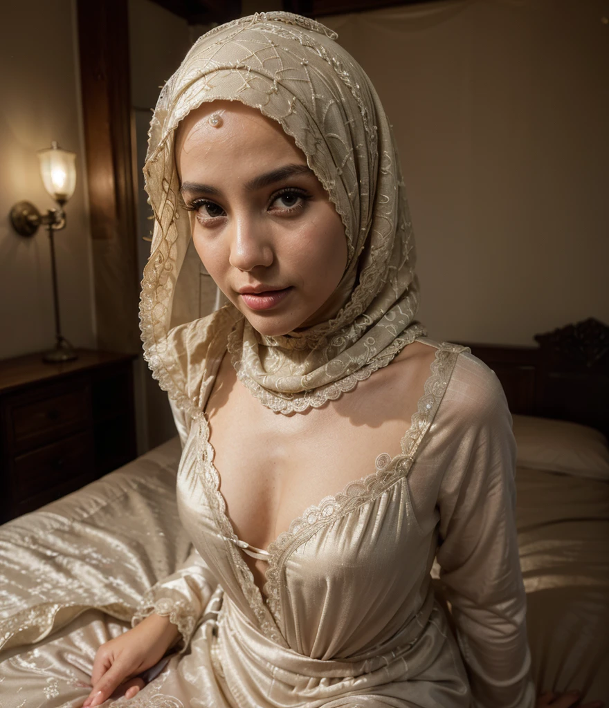 thin woman, bridal makeup, Woman, 20 Years old, white Hijab, on all fours, looking down at you, camera below her, bed, turkish model, white wedding dress, deep cleavage, white stockings, gold high heels, smiling, happy,