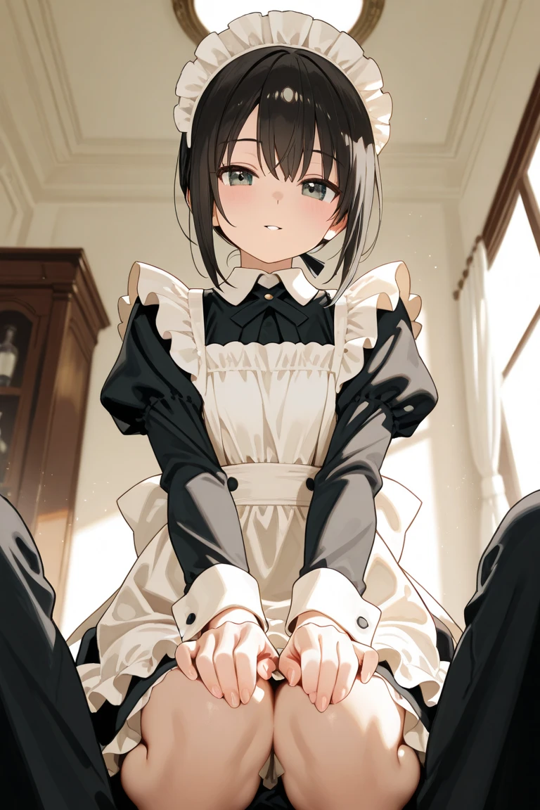 trans maid, light brown eyes, extremely handsome human face of eighteen-year-old girl, innocent look, extremely beautiful and feminine, detailed eyes, beautiful eyes, short, small, full hips, ((((small bust))), ((((light neckline showing))), very elegant, loli clothing, ((((bright black bustier))), short skirt, (((maid clothing aesthetics))), functional and practical aesthetics, dark brown hair, short hair, sweet, cheerful, loving, kind, helpful, one person, (((1boy))), cotton, ((((apron))), (((white gloves))), thighs, white ruffle in bustier, headband of white ruffles, sleeves of ruffles attached, choker, belly showing, sucking banana with cream