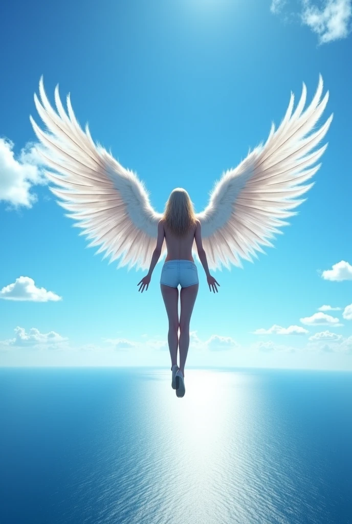 Caucasian human with bird body flying through the sky