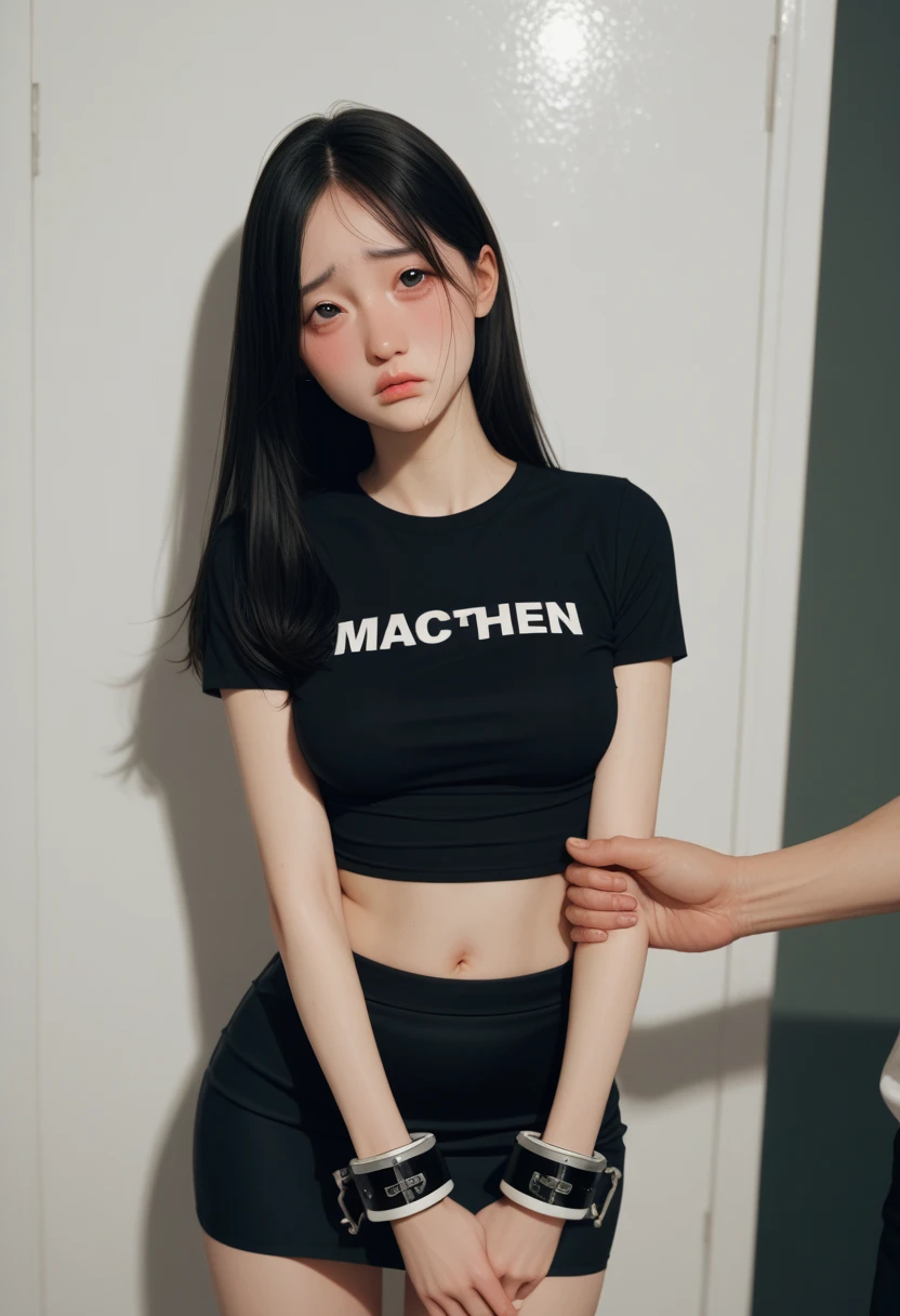 (1girl:1.2, body covered in words, words on body:1.1, tattoos of (words) on body:1.2), (masterpiece:1.4, best quality), medium breasts,  edgNoire,upper body shot,female, woman wearing no sleeve t-shirts with logos, ((black long maxi-skirt)), cyberpunk scene, ((red  hair)), ((black hair)), (((night street))),