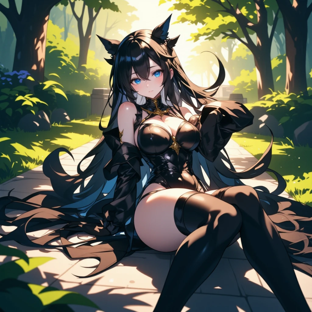 "Create a mesmerizing artwork cover for the musical composition titled 'Wandering Spirit.' The Fullbody captivating artwork features a captivating  girl with elf-like ears, Half tone cute, gazing enchantingly over her shoulder towards the viewer. She has a lovestruck expression and tender pose, holding an ethereal sword in her hand, intricate details reflecting her mystical nature. The scene is set amidst a lush, vibrant forest background with soft render and pastel animation colors, evoking a sense of whimsy and enchantment. The girl's features are perfection, with perfect eyes and a perfect face, radiating ethereal beauty. She has sleek black hair cascading down her back, and she wears black and white clothing, adding to the contrast and allure of her appearance. The sword she wields emanates a soft, ethereal glow, symbolizing her inner strength and journey of self-discovery. The setting is an enchanted forest, filled with blooming flowers and dappled sunlight, adding to the magical atmosphere. The artwork subtly incorporates sensuality, with elegant poses and sensual details enhancing the girl's attire and posture. This artwork is a masterpiece, perfectly capturing the enchanting spirit of the musical composition 'Wandering Spirit.'