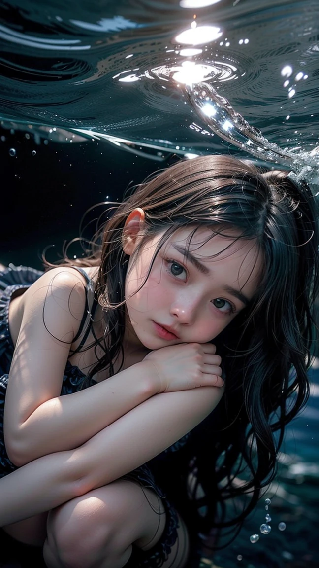young malay girl, 8 years old, baby face, wet, in flood, raining,