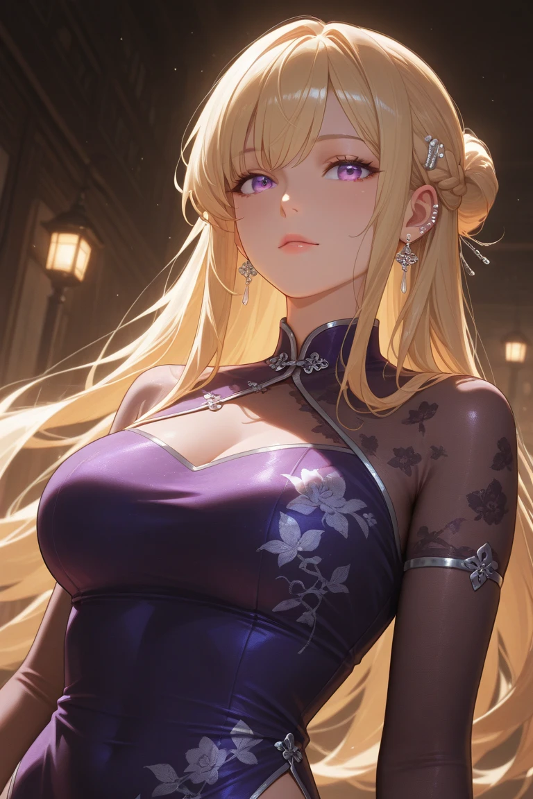 masterpiece, best quality, aesthetic, 1girl, solo, purple eyes, yellow hair, brown china dress, cleavage cutout, bare shoulders, large breasts, (cowboy shot), looking at viewer, (river), cinematic lighting, professional shadow