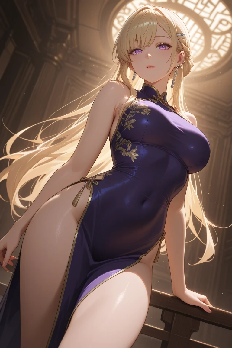 long purple cheongsam,blonde blue eyes,white people,evil female executive,A little more adult