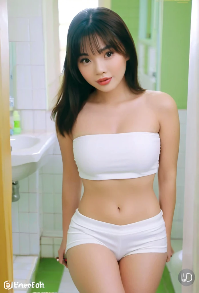 bathroom,20-year-old woman,Dirty water,Transparent underwear,Squat,Legs open,Finger pointing down