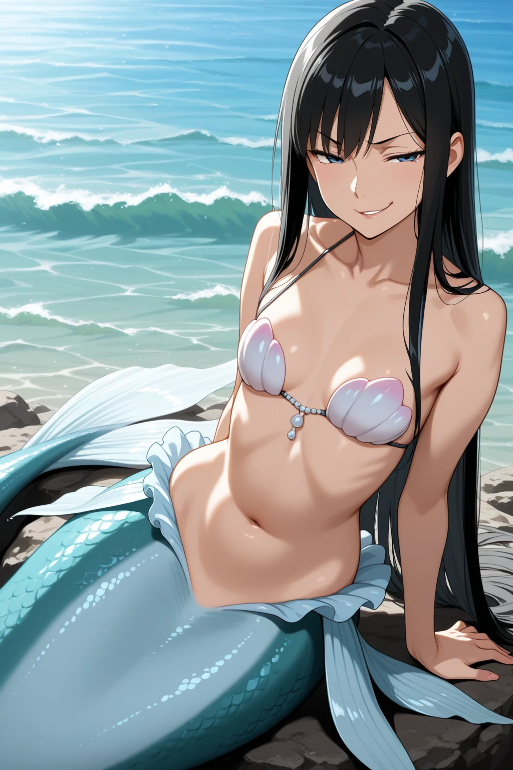 (yukino yukinoshita:1.5), (solo:1.5), slavekini, beach, sand, clear water, thigh gap, staning in the water, knee in the water, chained, choker