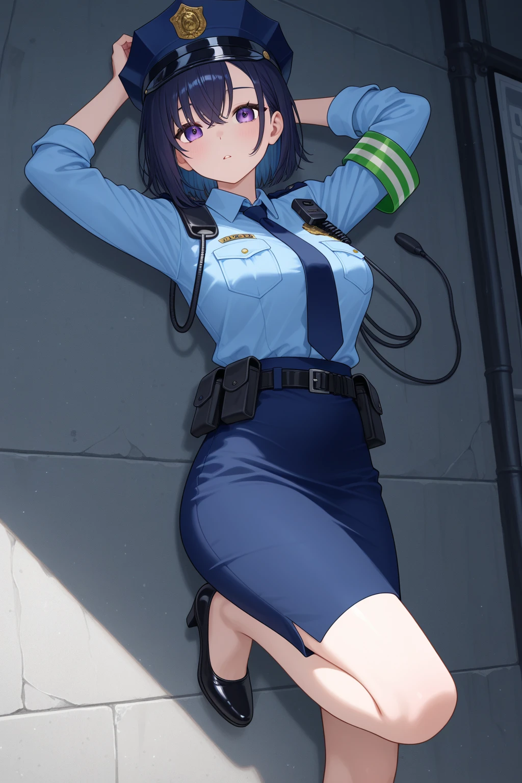 1girl, police, police uniform, policewoman, solo, gloves, breasts, thigh highs, hat, uniform, black gloves, skirt, cleavage, belt, blue hair, short hair, fingerless gloves, police hat, smile, garter straps, mole on breast, looking at the viewer, short sleeves, shirt, simple background, white background, blue shirt, mole, side slit, pencil skirt, large breasts, miniskirt, black skirt, closed mouth, cowboy shot, green eyes, blue headwear, hand up, black belt, collarbone, bangs, flat color, alternate costume, artist name, buckle, brown thigh highs, standing, belt buckle, lines, black headwear, transparent background, character name, split-mouth, medium hair, thighs, bob cut, pocket,  black shirt, breast pocket, dark blue hair, buttons, head tilt green eyes