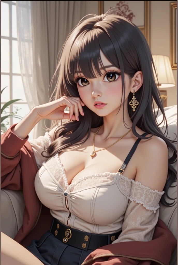 (1 front photo)Winter clothes, Beautiful Face, Highly detailed face and skin texture, (Fine grain), Brown eyes, double eyelid, Thin eyebrows, Glitter Eyeliner: 1.2, natural cheeks, Glowing Skin, Fair skin: 1. 2, Shiny necklace and earrings, (Glossy Lips: 1. 4), (Captivating smile), (20-year-old), (High Ponytail, Wavy Hair, Brown Hair, Diagonal bangs), Medium Long Hair, ((Upper Body Shot)), (Focus on the chest and face), Medium large breasts, Swollen breasts.