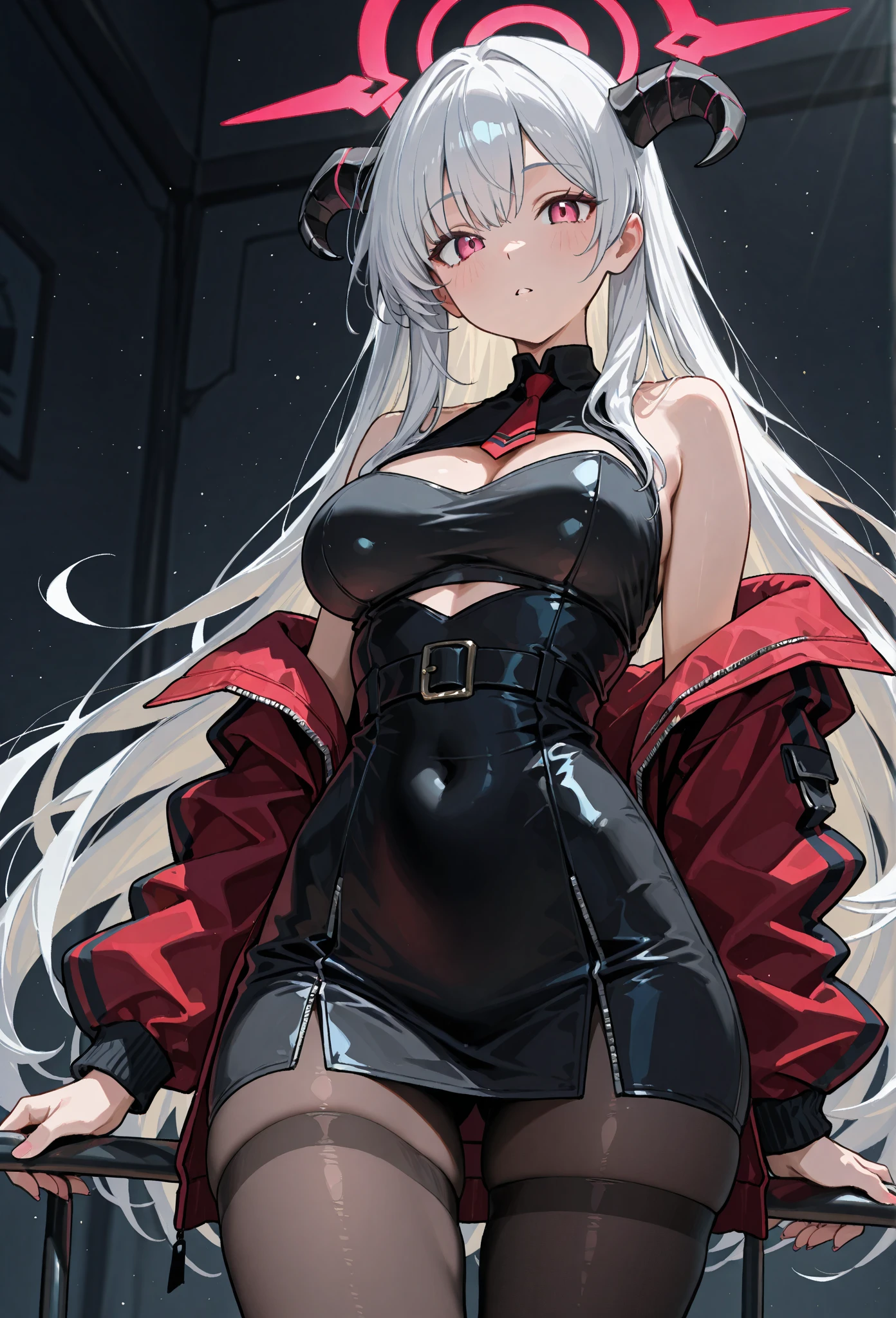 masterpiece, best quality, 8K, 1 girl, solo, stand up, youth, White hair, long white hair, red eyes, round pupils, Emotionless expression, jumpsuit, (midnight, starry sky background, sky full of stars), Long black gloves, One-piece bikini, tight latex one piece bikini, Highlight her graceful figure, wrap the whole body, ((Raised sexy)), Long black gloves, Black latex bikini, Blood-red eyes, best quality, High resolution, Super detailed, Vivid textures, Bangs, (cleavage), ((sfw))