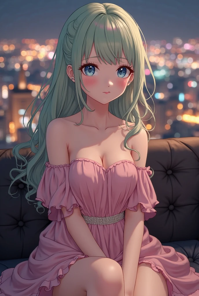 (highest quality, 8k, 4k, High resolution, masterpiece:1.2), Super detailed, beautiful illustrations, Bright colors, Lens flare, natural light, one person, woman, beautiful face details, beautiful eyes, long eyelashes, soft lips, (small face), (green hair, wavy hair, green eyes), perfect face, shiny skin, (beautiful breasts), open your mouth and laugh:1.2, (evening dress:1.2, Neat), (gaze looking at the viewer, cowboy shot), roof of the building, The lights of the city spread out below, Light and shadow with attention to detail, background bokeh.