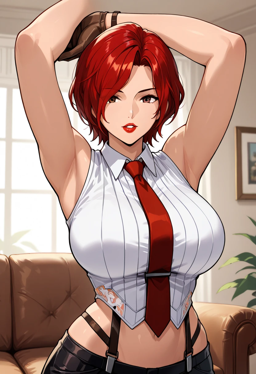 white silk shirt, deep v neck, business suit, red lace bra, pencil skirt, Carolyn Dunn, red hair, bob haircut, blue eyes,
