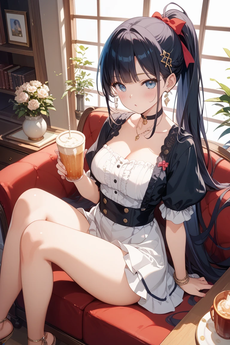 Maid girl, red eyes, burgundy hair, perfect skin, large hoop earrings, mouth piercing, sculptural body, serving coffee, Maid Cafe (ultra-realistic), {extremely detailed 8k CG unity wallpaper}, photography by expansive landscape, (a centered view that prioritizes the sky and the entire environment, wide open field view), (low angle photo), (high light: 1.6), (low light: 1.2), (warm light source : 1.5), complex details, (iridescent colors: 1.5), (bright lighting), (atmospheric lighting), dreamy, servant, beauty