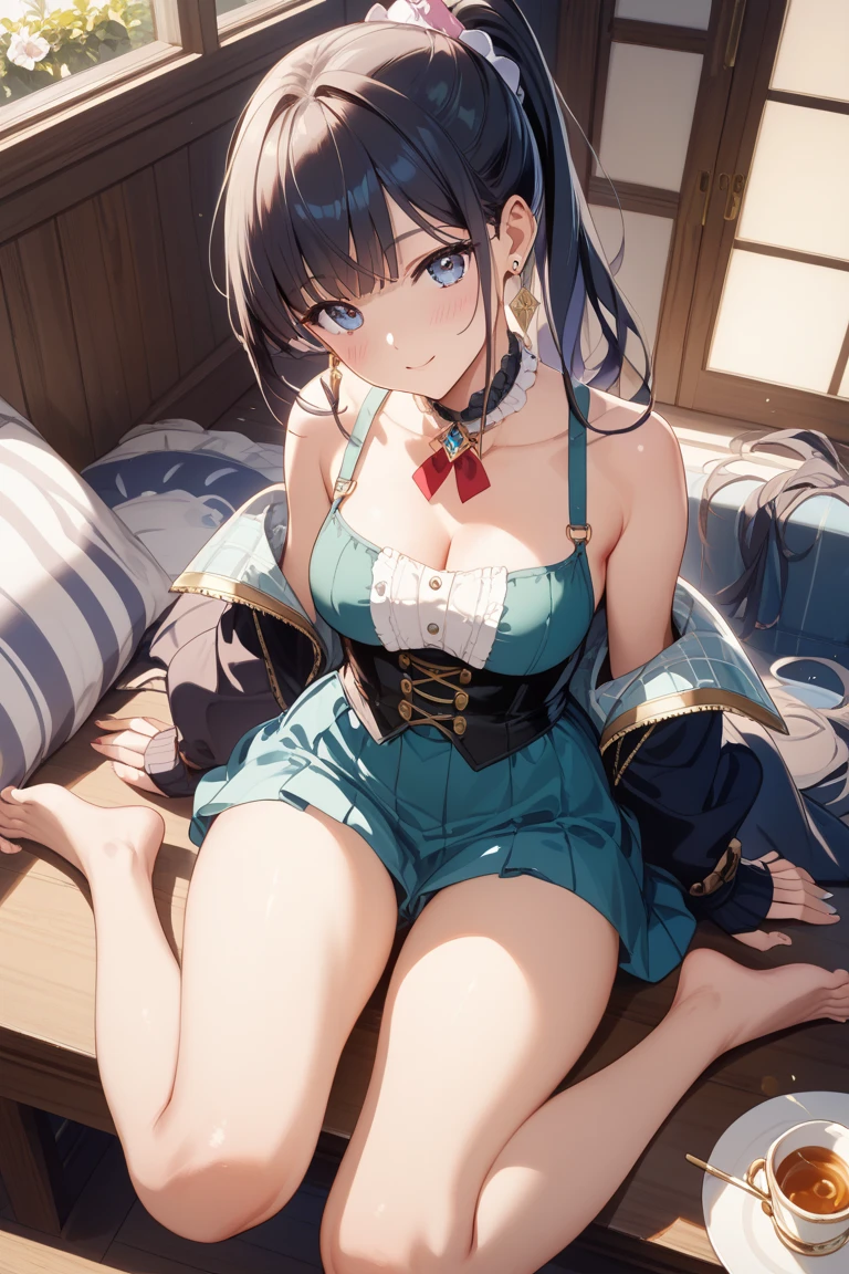 Detail image, realistic image, 1 elf. She has long black hair, beautiful turquoise eyes, has a delicate oval face, small breasts and a curvaceous body, thick thighs. she is blushing, She is wearing a crop top, pleated mini micro skirt, moccasin slippers. sitting,,, arched back, view from below. on top of a bed, bottom of a room.