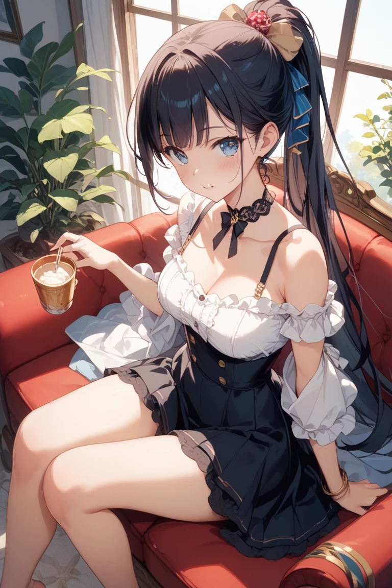 masterpiece, yor, 1girl, Amazing Cleavage:1.3, thin waist, big ass, Raised sexy, medium breast: 1.3 posed cleavage:1.2、solo, looking at viewer, open mouth, have a cup of coffee,black hair, red eyes, dress, bare shoulders, jewelry, collarbone, sidelocks, hairband, earrings, indoors, off shoulder, :o, sweater, arms behind back, plant, short hair with long locks, white hairband, off-shoulder dress, sweater dress, off-shoulder sweater, red sweater, big side hair, very long side hair,is rendered in (masterpiece: 1.2, best quality), with (ultra high resolution) and an exquisite (depth of field). This masterpiece is not only visually stunning but also tells, make of cooking some cakes ,in the kitchen,open mouth smile((leather thigh high boots))(garter belt),((black hair)),blush、surprised face,
