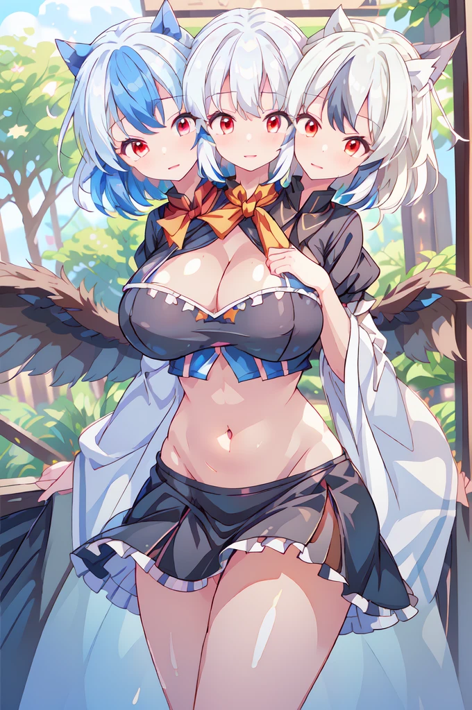 (masterpiece, best quality), best quality, (ultra-detailed), (3heads:1.4), 1girl, (shameimaru aya:1.3), masterpiece, best quality, white top, crop top, ((stomach)), midriff, ((groin)), naval, black skirt, normal ears, shackles, brown hair, very long hair, wavy hair, sidelocks, red eyes, parted lips, single horn, sweat, cute, toned belly, hand on own chest, eyelashes, (24 year old woman:1.3), (masterpiece:1.5), (best quality:1.5), (beautiful detailed extremely detailed CG, extremely delicate and beautiful, depth of field, (finely detailed face), (perfect details:1.3), (mature female:1.3), wide pelvis, slender, large veiny breast, 8k resolution, very high quality, very high definition, extremely detailed, masterpiece, black hair, long hair, alluring presence, braid, short skirt, close up, big tits, young, bird wings, black ribbon,