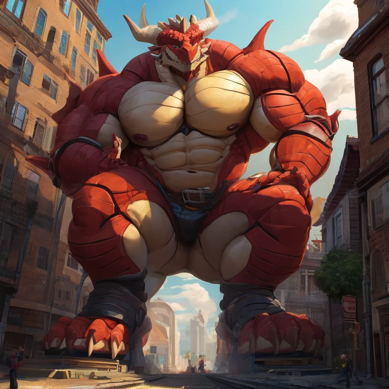 Bull Orc, minotaur, male, Strong build, brown skin is covered with fur, long sharp teeth, large thick lower canine teeth, thick spiral bull horns and claws, large bull horns, (glowing eyes: 1.2), giant sized, no pants, larger than city, reclining on a battlefield, buckled boots, stepping on building, rampage, impact, his foot is breaking the ground, wearing a rag around waist, looking down, evil smile, thick arms, thick thighs, (large pecs: 1.2), fat pecs, (bara pecs: 1.3), macro, landscape dwarfing, city destruction, building destruction, ruined city, city on fire, city dwarfing, giant bulge in pants, tiny human soldiers
