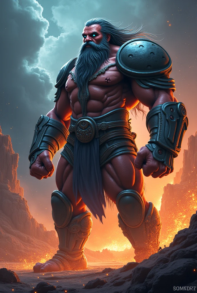 A super muscular being, all red and full of veins, a great emphasis on your muscles. Demonstrates a sense of power, looking like a God. The man has a Viking appearance and demonstrates empowerment. Lightning is all around you and your enormous power emanates fear and respect.. 