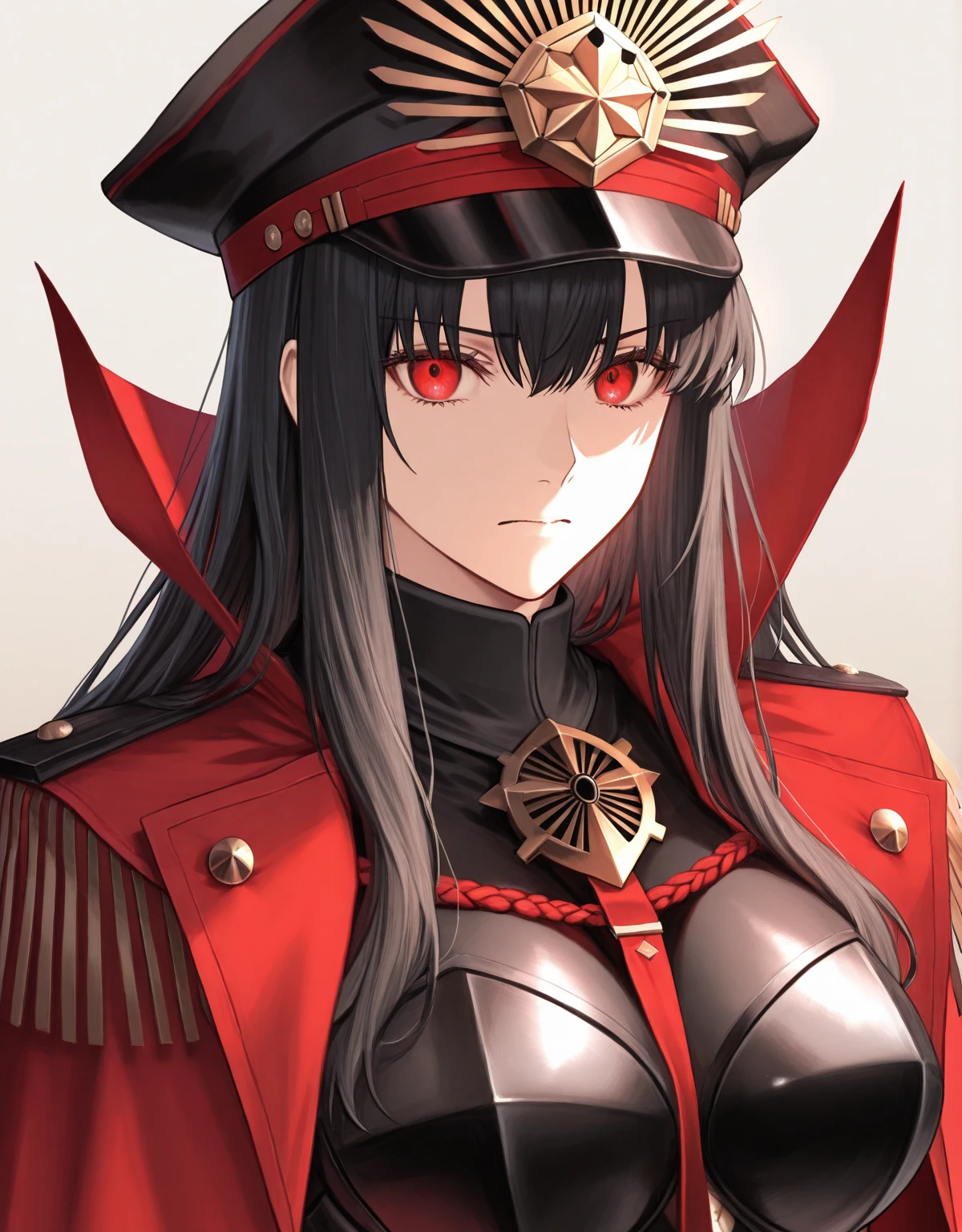 ((masterpiece, best quality)), (1girl), (solo), (female focus), female goth army officer, black leather german uniform, wearing army leather hat, strong makeup, large breasts, tall woman, black eyes, constricted pupils, empty eyes, sadistic expression, Yandere, black hair, dynamic angle, ultra detailed, 8k resolution, depth of field, sharp focus, SFV, deep shadows, red background, dark, detailed hands, menacing look, looking down, menacing position, standing tall and looking down