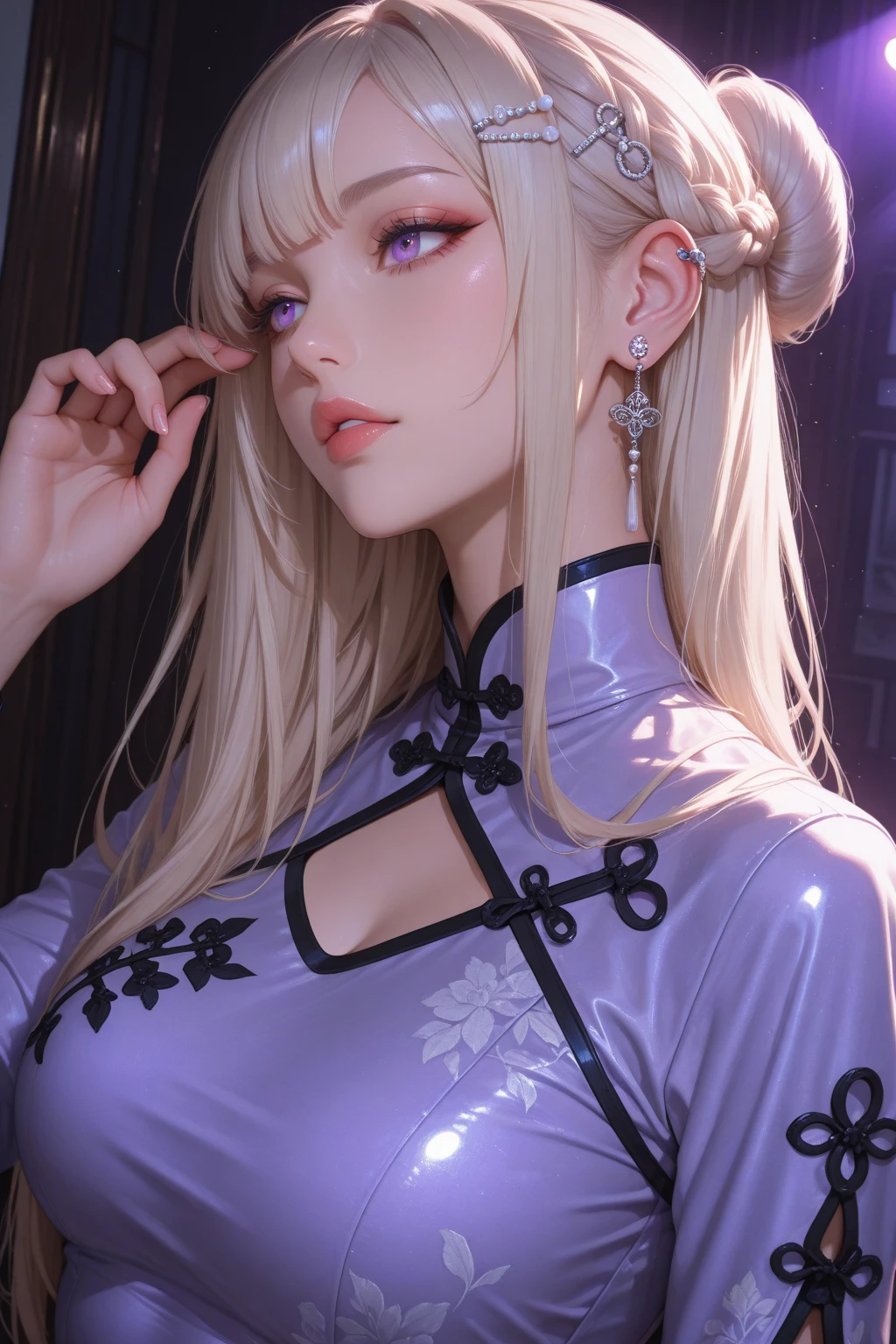 A with a leash of straight white hair, dark skin, Latin ancestry, purple irises, wearing a black tatical suit with golden threads and wearing golden earrings shaped like snakes. Detailed eyes, detailed face, intricate grunge outfits, cinematic lighting, realistic concept art of strong backlighting.
