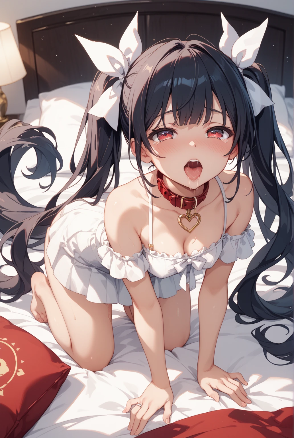 Long black hair loli、Wearing a maid outfit、No skirt belly button、Showing the vagina,Spread your legs,smile
