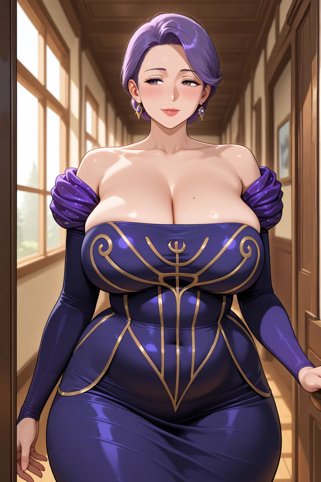 Masterpiece, hi res, absurdres, Best Quality, 4K, detailed, HD, {{Artist:NTRman}},by NTRman, Mature Female, Mature face, glowing eyes, prominent lips, Big lips, red lipstick, milf, age 40, short red hair,huge breasts, saggy breasts, cleavage, thick,blushing, opening door, tattoos, fantasy jewerly , fantasy female sorceress, purple sorceress attire, long dress, rune tattoos, dim ligths 