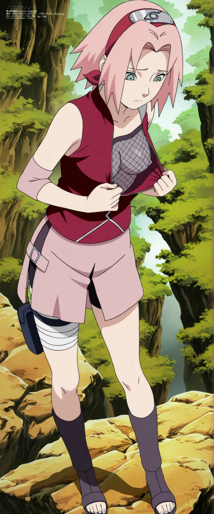 1girl,haruno sakura taking off shirt, two handle for removing the shirt , BREAK pink hair, short hair, red hairband, green eyes, parted bangs, BREAK red sleeveless minidress, zipper, pink miniskirt, bandaged thigh, BREAK medium breasts, beautiful body, beautiful legs , masterpiece,best quality,amazing quality,professional quality ,very aesthetic ,newest,scenery, ultra detailed ,highly detailed ,intricate , absurdres , high resolution , 4K , 8K , unity 8k wallpaper , crisp quality , sharp focus , rich contrast , rating_explicit , official art, official style,source_anime,anime screencap,anime coloring,megami magazine,anime,animated ,1girl, standing at konoha village, straight angle, full body,open shirt ,haft nude ,naked ,medium breasts, hard nipple ,Mesh chest